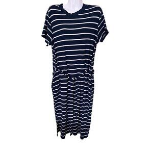 Time & Tru Navy & White Striped T-Shirt Dress L/G (12-14) Cotton Blend Vacation